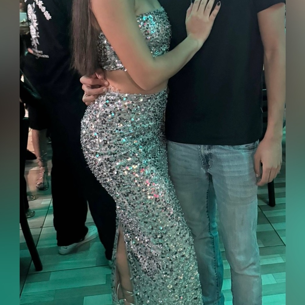 Silver Sequin Two-Piece Evening Gown
